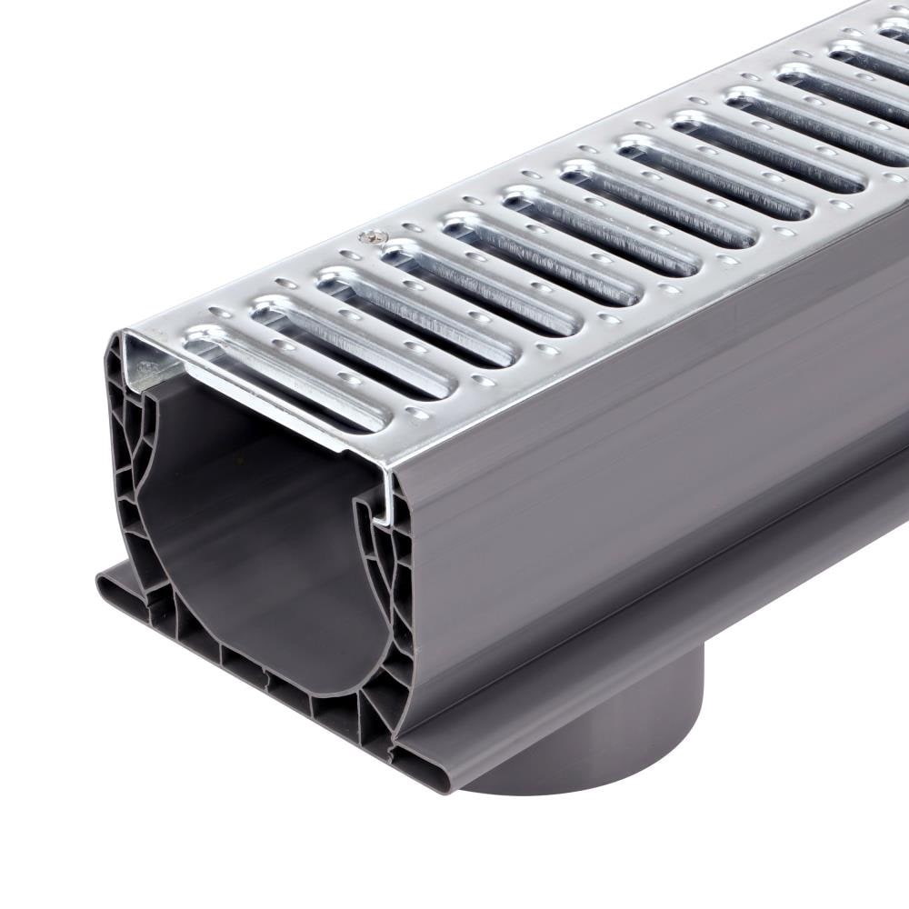 slide 3 of 5, NDS Spee-D Channel Drain Bottom Outlet Assembly, 4-3/4 in. wide X 2 ft. long with Channel & Prefastened Galvanized Steel Grate, 1 ct