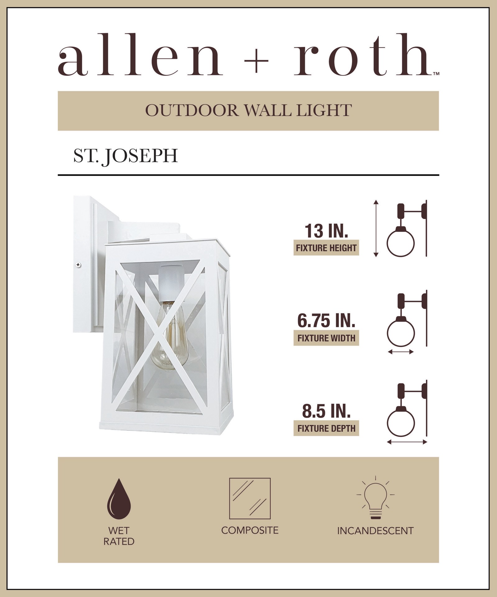 slide 2 of 6, allen + roth St. Joseph 1 -Light 13-in H Matte White Hardwired Outdoor Wall Light, 1 ct