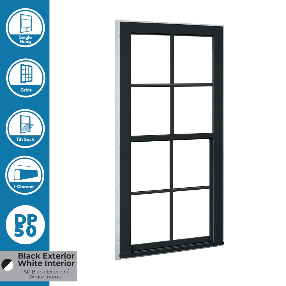 slide 4 of 6, RELIABILT 150 Series 23-1/2-in x 35-1/2-in Black Exterior Vinyl New Construction Single Hung Window Low-E argon Double Pane Glass with Grids, (Half Screen Included), 1 ct