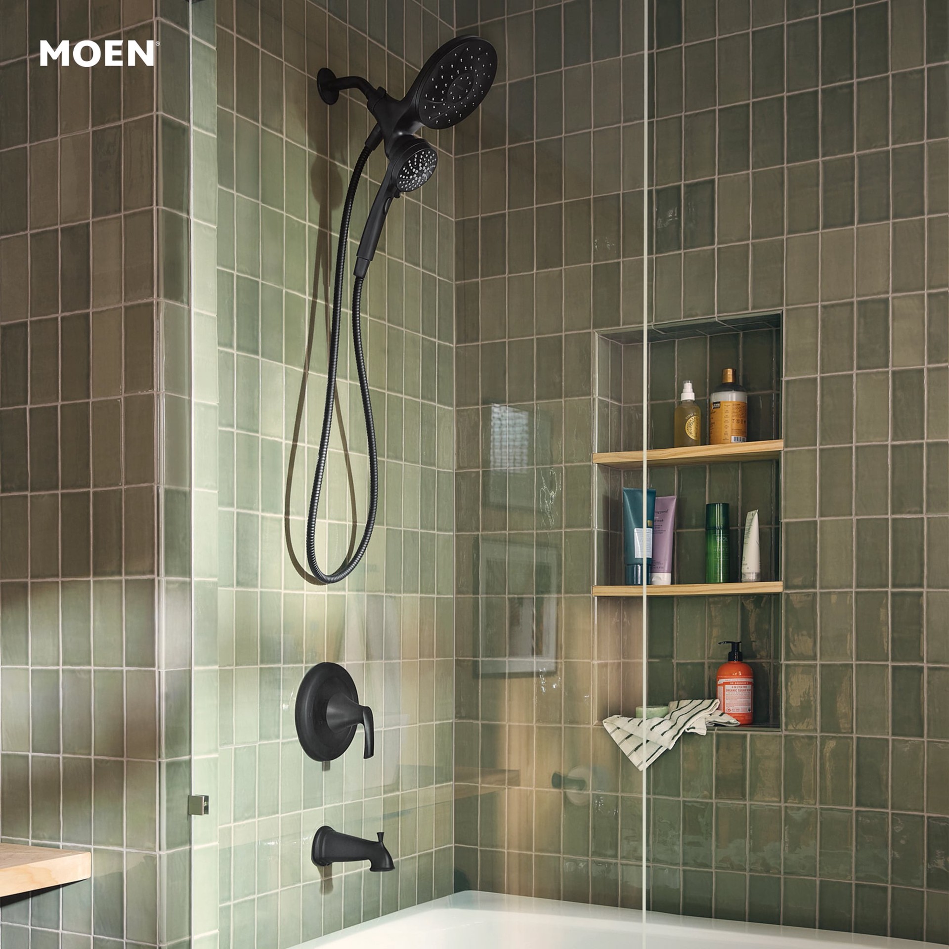 slide 2 of 6, Moen Graeden Magnetix Matte Black 1-handle 6.75-in Round Bathtub and shower Faucet with Valve (Multi-head), 1 ct