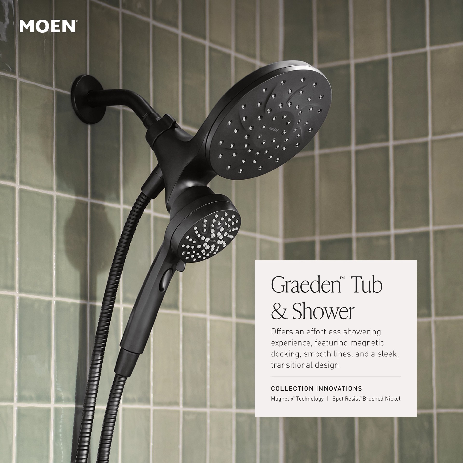 slide 3 of 6, Moen Graeden Magnetix Matte Black 1-handle 6.75-in Round Bathtub and shower Faucet with Valve (Multi-head), 1 ct