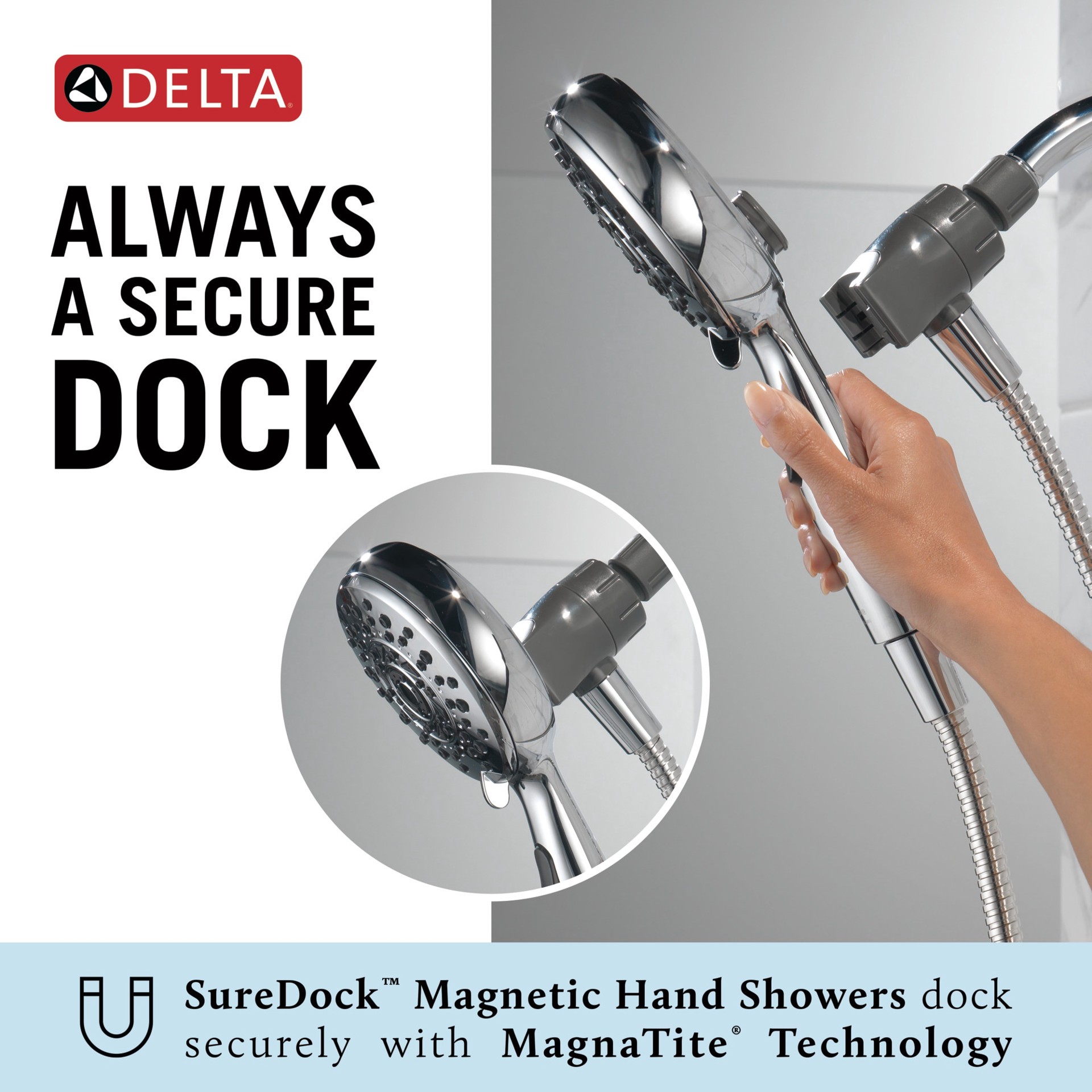 slide 5 of 6, Delta SureDock Magnetic 6.0 -Spray Chrome 4.875-in Round High Pressure Handheld Shower Head 1.75 GPM, 1 ct