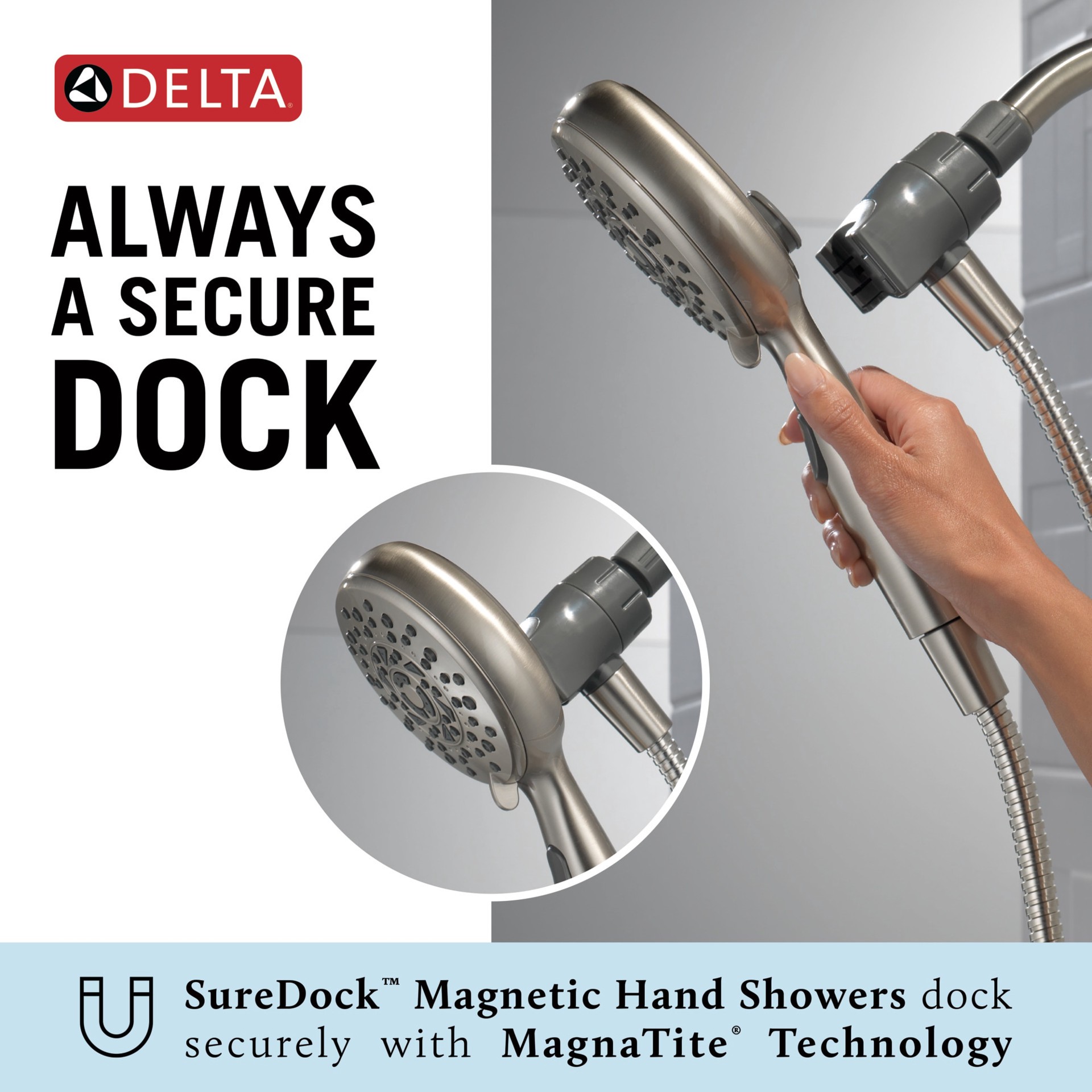 slide 5 of 6, Delta SureDock Magnetic 6.0 -Spray Satin Nickel 4.875-in Round High Pressure Handheld Shower Head 1.75 GPM, 1 ct