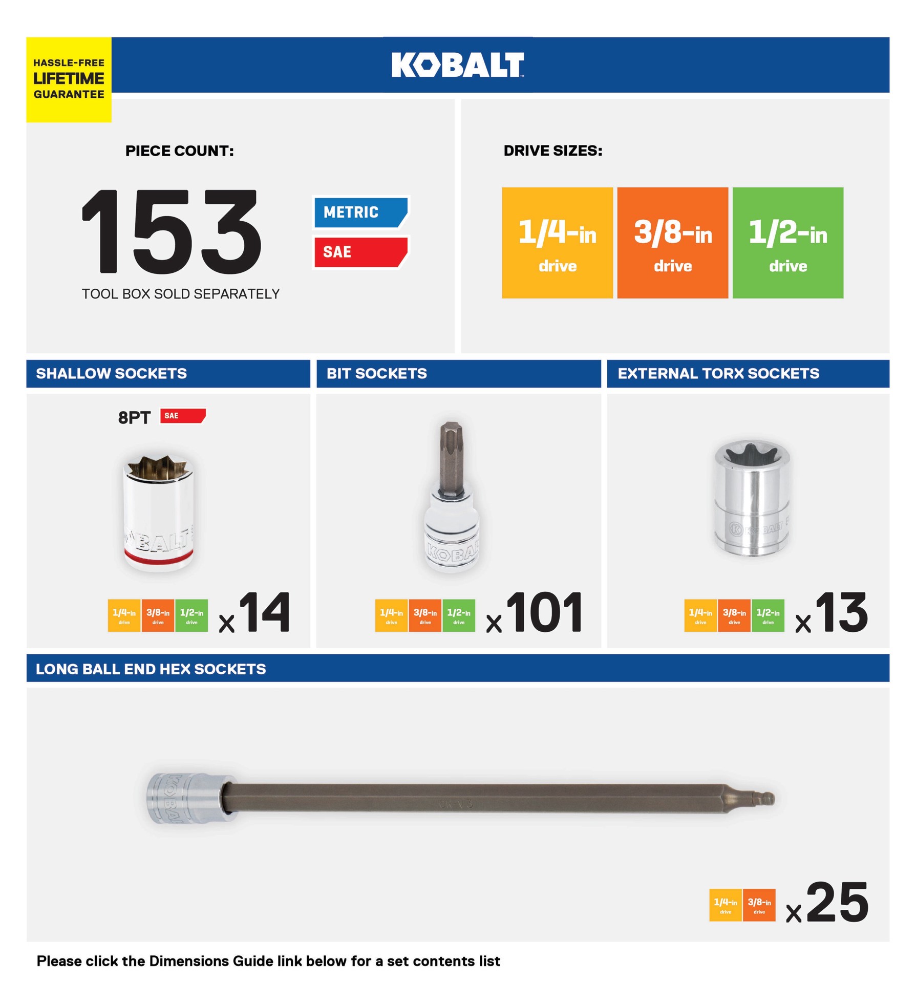 slide 2 of 6, Kobalt 153 -Piece 1/2-in 3/8-in 1/4-in Drive Set Hex/Phillips/Slotted/Square/Torx/TR Torx Bit Driver Socket Set, 1 ct