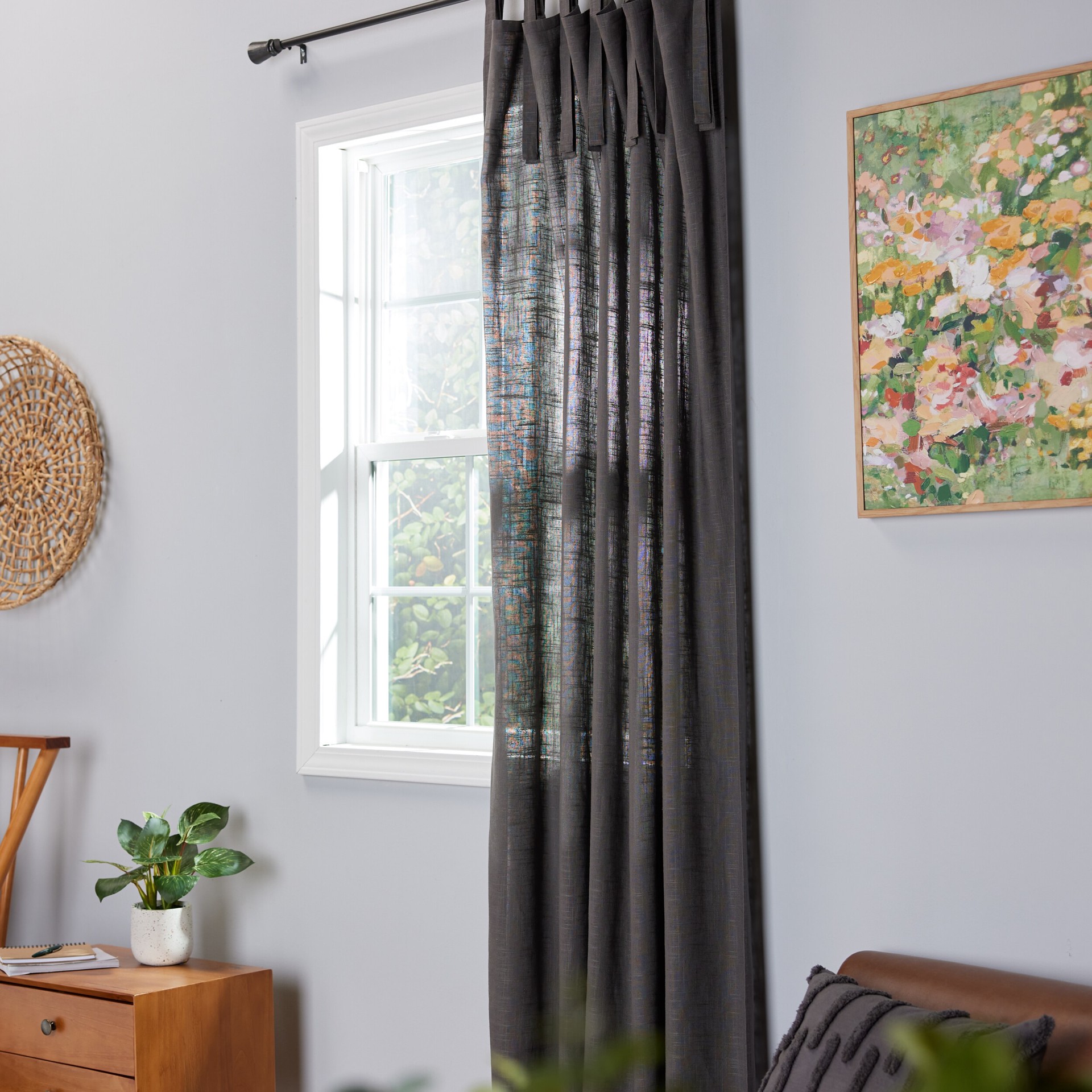 slide 2 of 6, allen + roth 84-in Grey Light filtering Tie top Single curtain panel, 1 ct