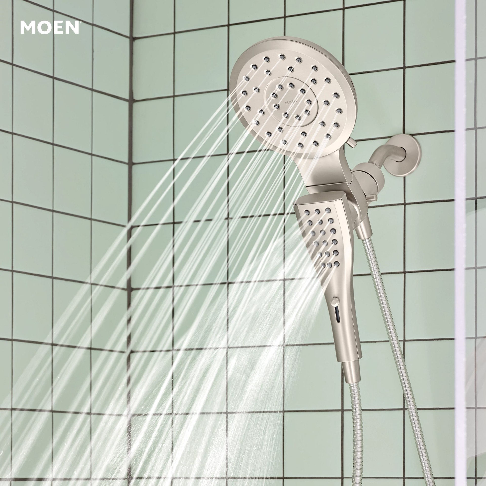 slide 2 of 6, Moen Verso 8.0 -Spray Spot Resist Brushed Nickel 7-in Round Rain Shower Head with Handheld Combo 1.75 GPM, 1 ct
