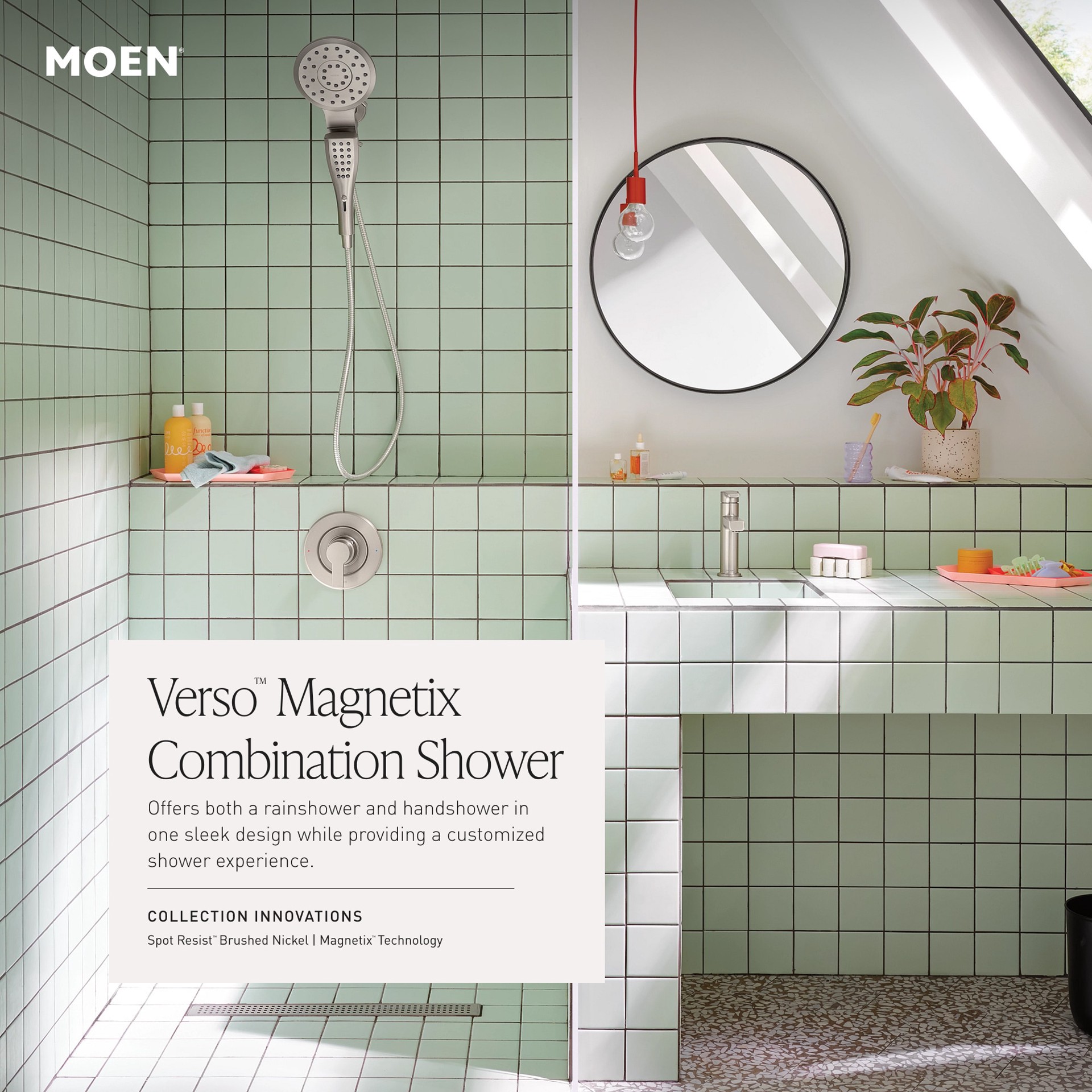 slide 3 of 6, Moen Verso 8.0 -Spray Spot Resist Brushed Nickel 7-in Round Rain Shower Head with Handheld Combo 1.75 GPM, 1 ct