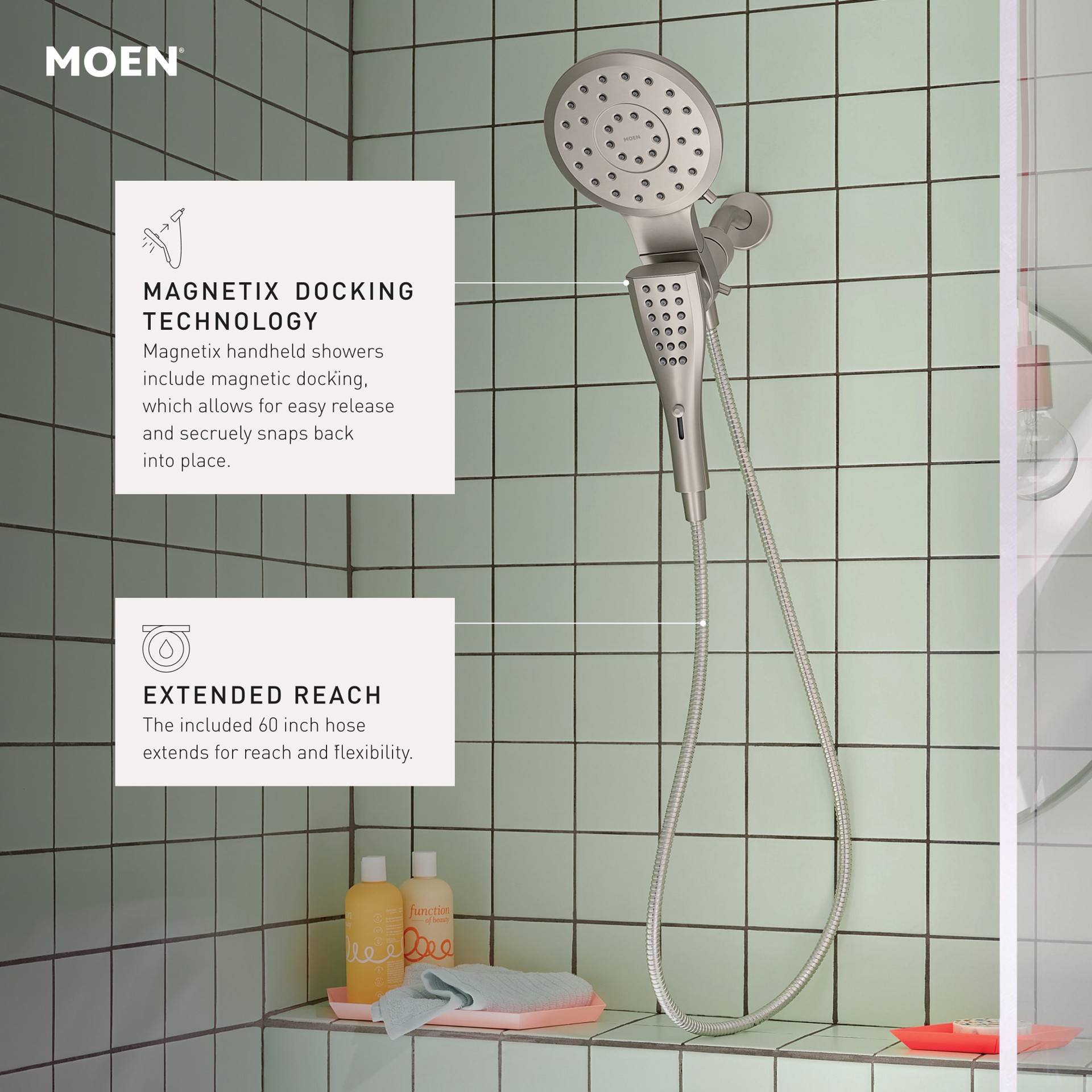 slide 4 of 6, Moen Verso 8.0 -Spray Spot Resist Brushed Nickel 7-in Round Rain Shower Head with Handheld Combo 1.75 GPM, 1 ct