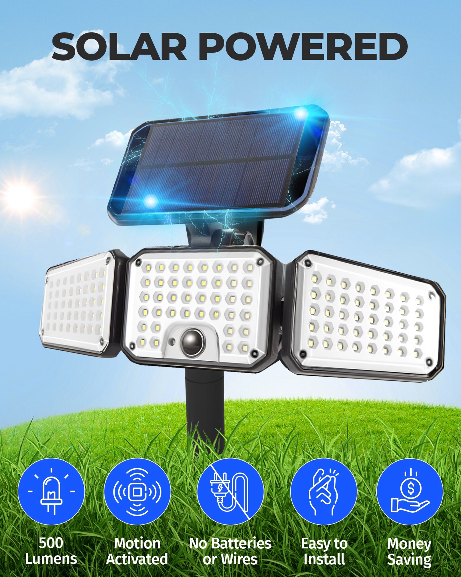 slide 2 of 6, BELL + HOWELL 110 -Degree 6 -Wattage Equivalent Solar LED Black 3 -Head Motion-Activated Flood Light, 1 ct