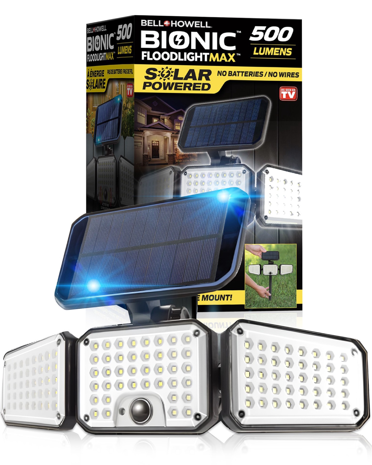 slide 1 of 6, BELL + HOWELL 110 -Degree 6 -Wattage Equivalent Solar LED Black 3 -Head Motion-Activated Flood Light, 1 ct