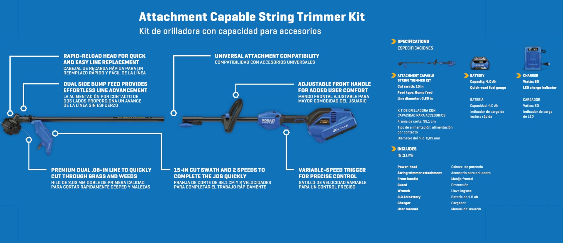 slide 3 of 6, Kobalt Gen4 40-volt 15-in Straight Shaft Attachment Capable Battery String Trimmer 4.0 Ah (Battery Included) (Charger Included), 1 ct