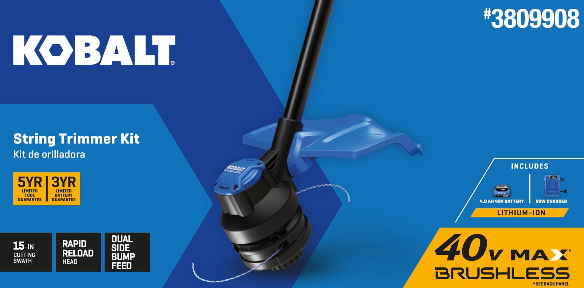 slide 3 of 6, Kobalt Gen4 40-volt 15-in Straight Shaft Battery String Trimmer 4.0 Ah (Battery Included) (Charger Included), 1 ct