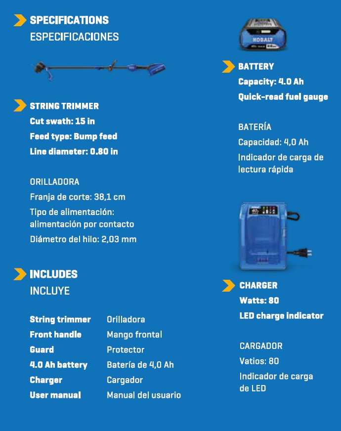 slide 5 of 6, Kobalt Gen4 40-volt 15-in Straight Shaft Battery String Trimmer 4.0 Ah (Battery Included) (Charger Included), 1 ct