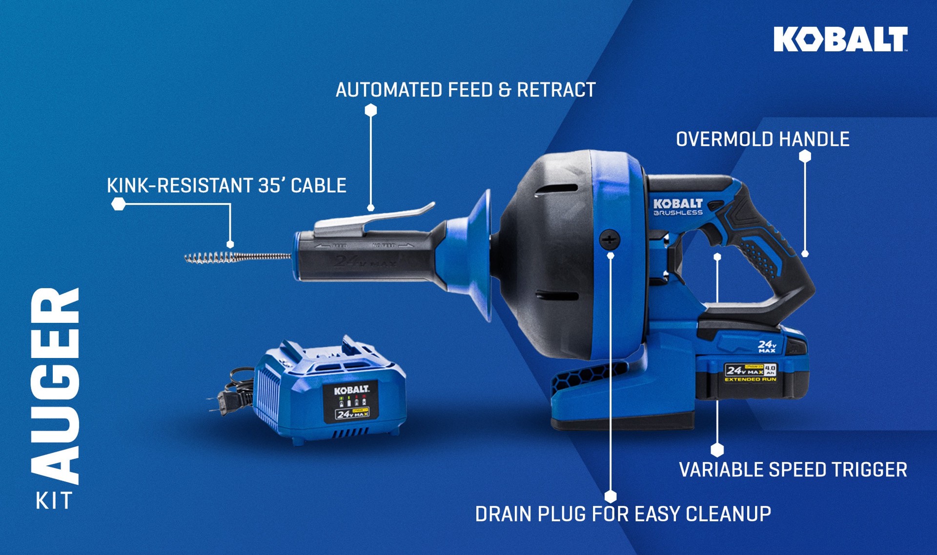 slide 2 of 6, Kobalt 24-Volt 5/16-in dia x 35-ft L Galvanized wire 4 Ah Cordless Machine Augers (Charger Included), 1 ct