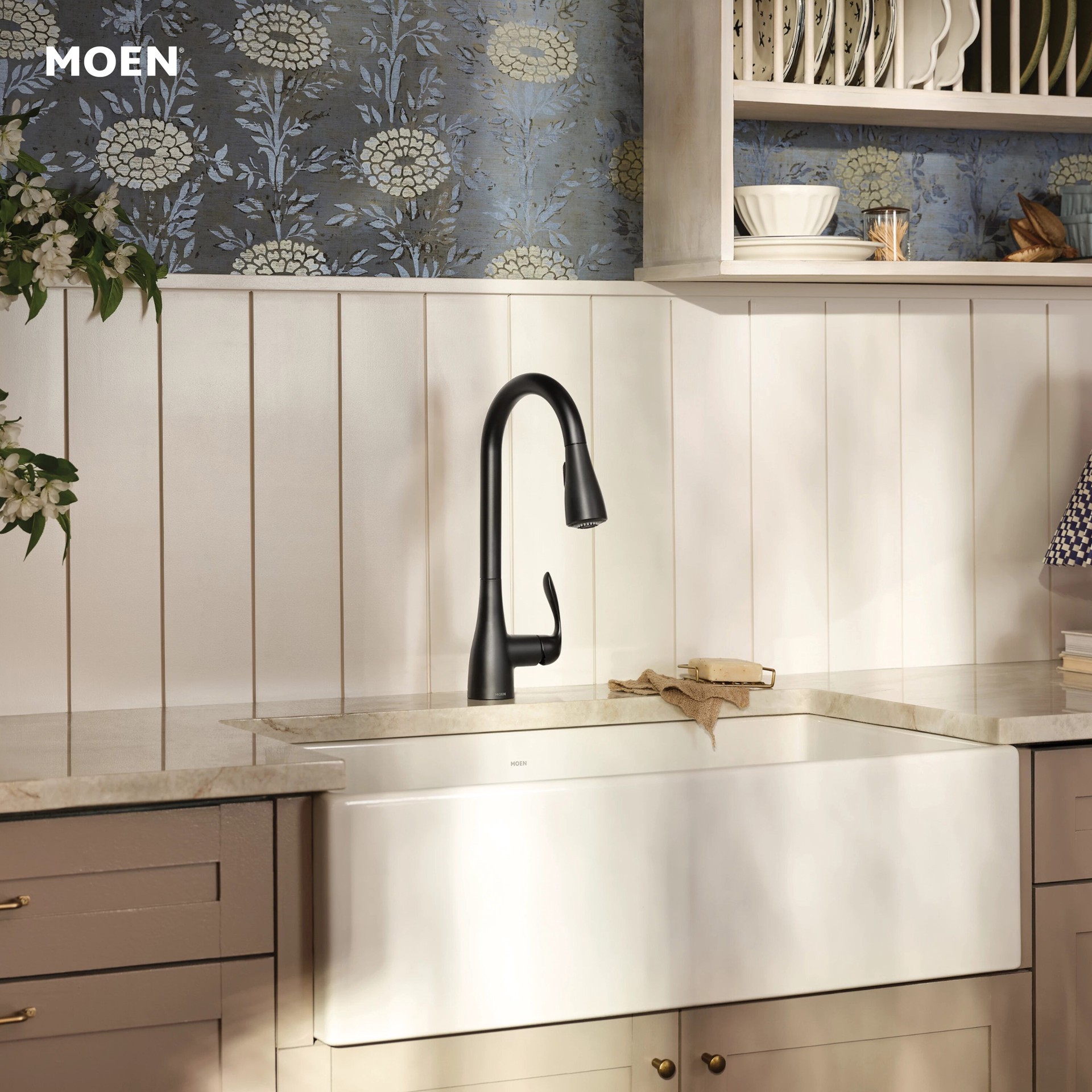 slide 3 of 6, Moen Georgene Matte Black Single Handle Deck-mount Pull-down Kitchen Faucet with Sprayer (Includes Deck Plate), 1 ct