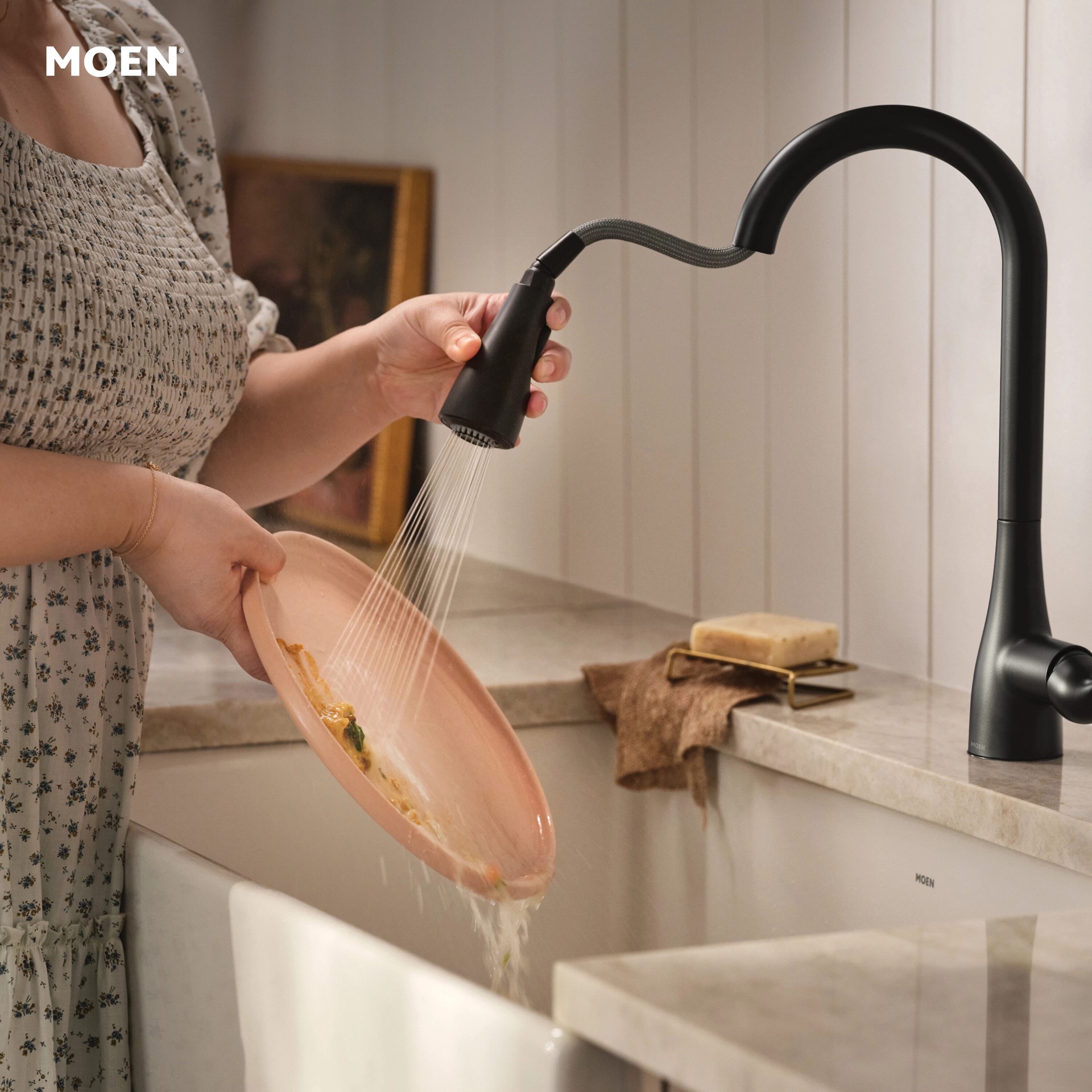 slide 4 of 6, Moen Georgene Matte Black Single Handle Deck-mount Pull-down Kitchen Faucet with Sprayer (Includes Deck Plate), 1 ct