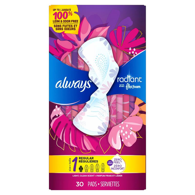 slide 11 of 12, Always Radiant Regular Absorbency Pads with Wings - Scented - Size 1 - 30ct, 1 x 30 ct