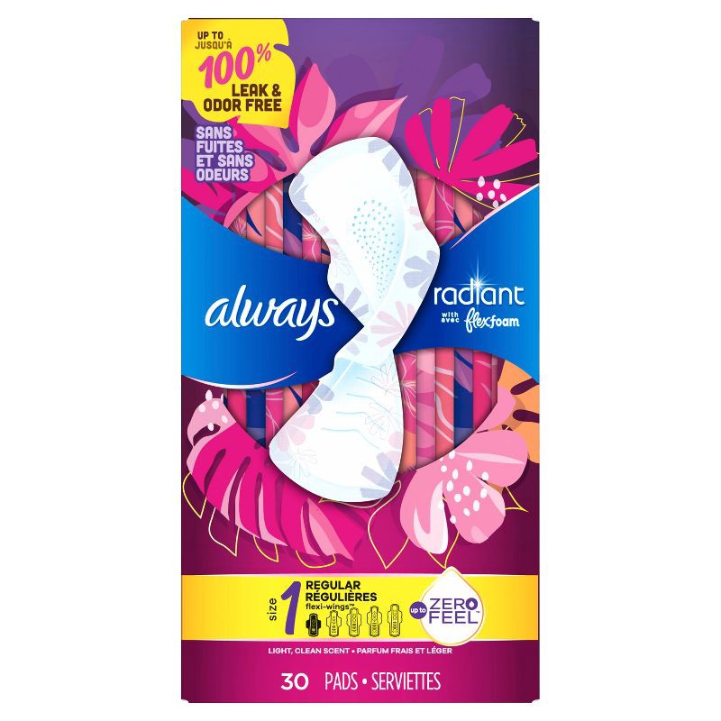 slide 7 of 8, Always Radiant Regular Absorbency Pads with Wings - Scented - Size 1 - 30ct, 30 ct