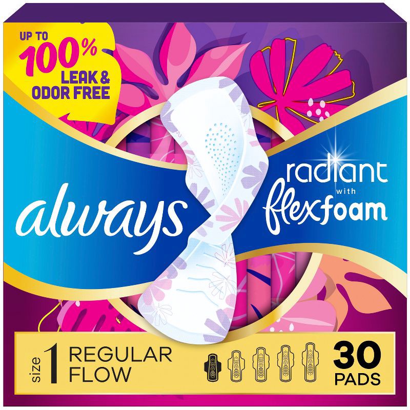 slide 1 of 12, Always Radiant Regular Absorbency Pads with Wings - Scented - Size 1 - 30ct, 1 x 30 ct