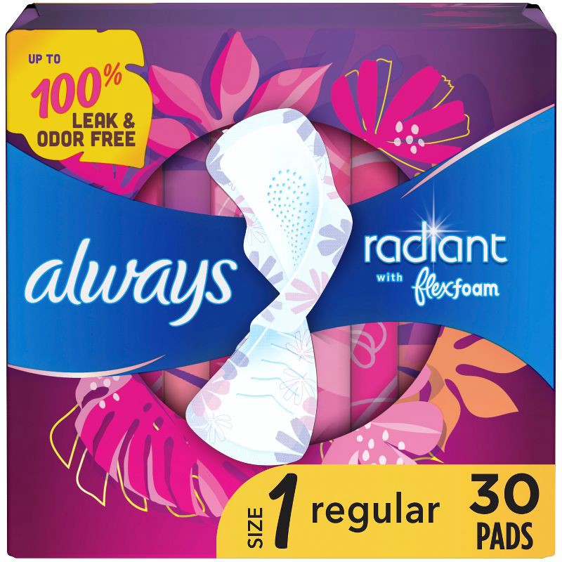 slide 1 of 8, Always Radiant Regular Absorbency Pads with Wings - Scented - Size 1 - 30ct, 30 ct