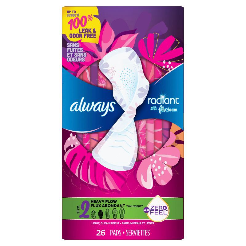 slide 2 of 8, Always Radiant Flex Foam Heavy Flow Absorbency Pads with Wings - Scented - Size 2 - 26ct, 26 ct