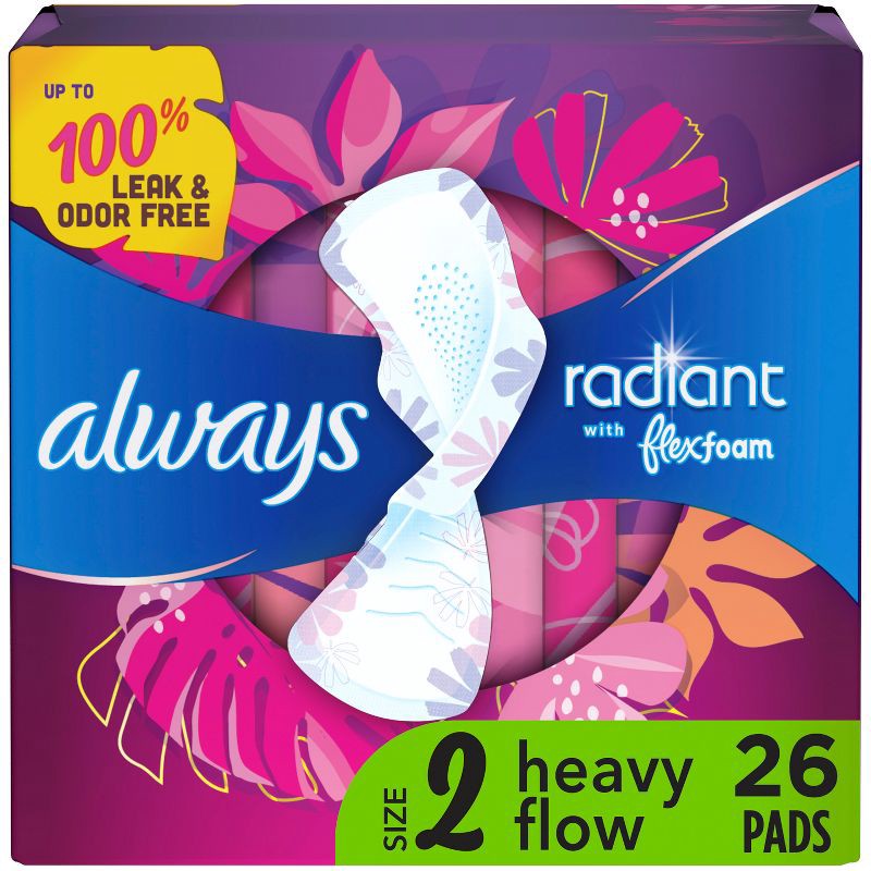 slide 1 of 8, Always Radiant Flex Foam Heavy Flow Absorbency Pads with Wings - Scented - Size 2 - 26ct, 26 ct