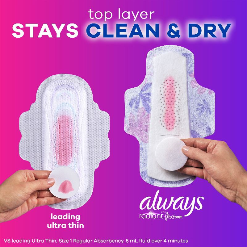slide 5 of 12, Always Radiant Flex Foam Heavy Flow Absorbency Pads with Wings - Scented - Size 2 - 26ct, 2 x 26 ct