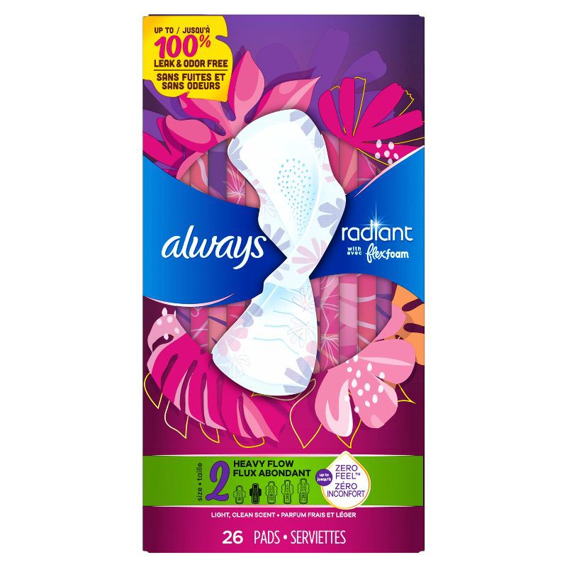 slide 11 of 12, Always Radiant Flex Foam Heavy Flow Absorbency Pads with Wings - Scented - Size 2 - 26ct, 2 x 26 ct