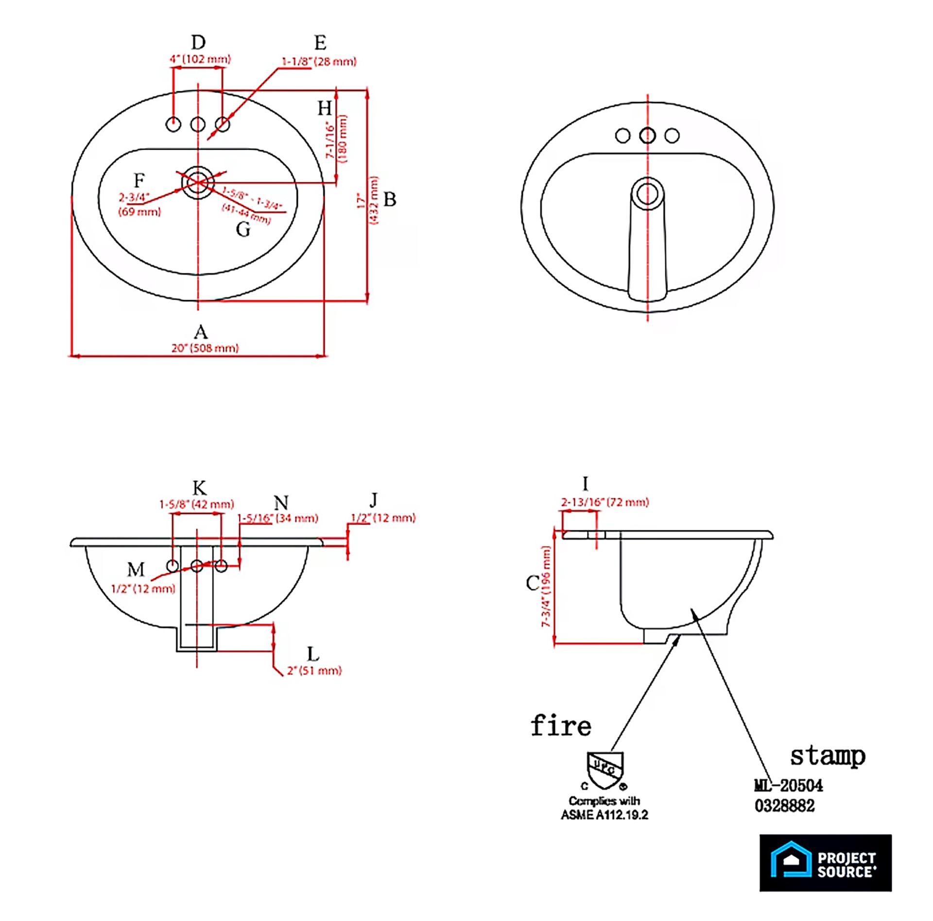slide 5 of 6, Project Source Huxley Vitreous China 17.0-in Drop-in Oval Traditional White Bathroom Sink, 1 ct