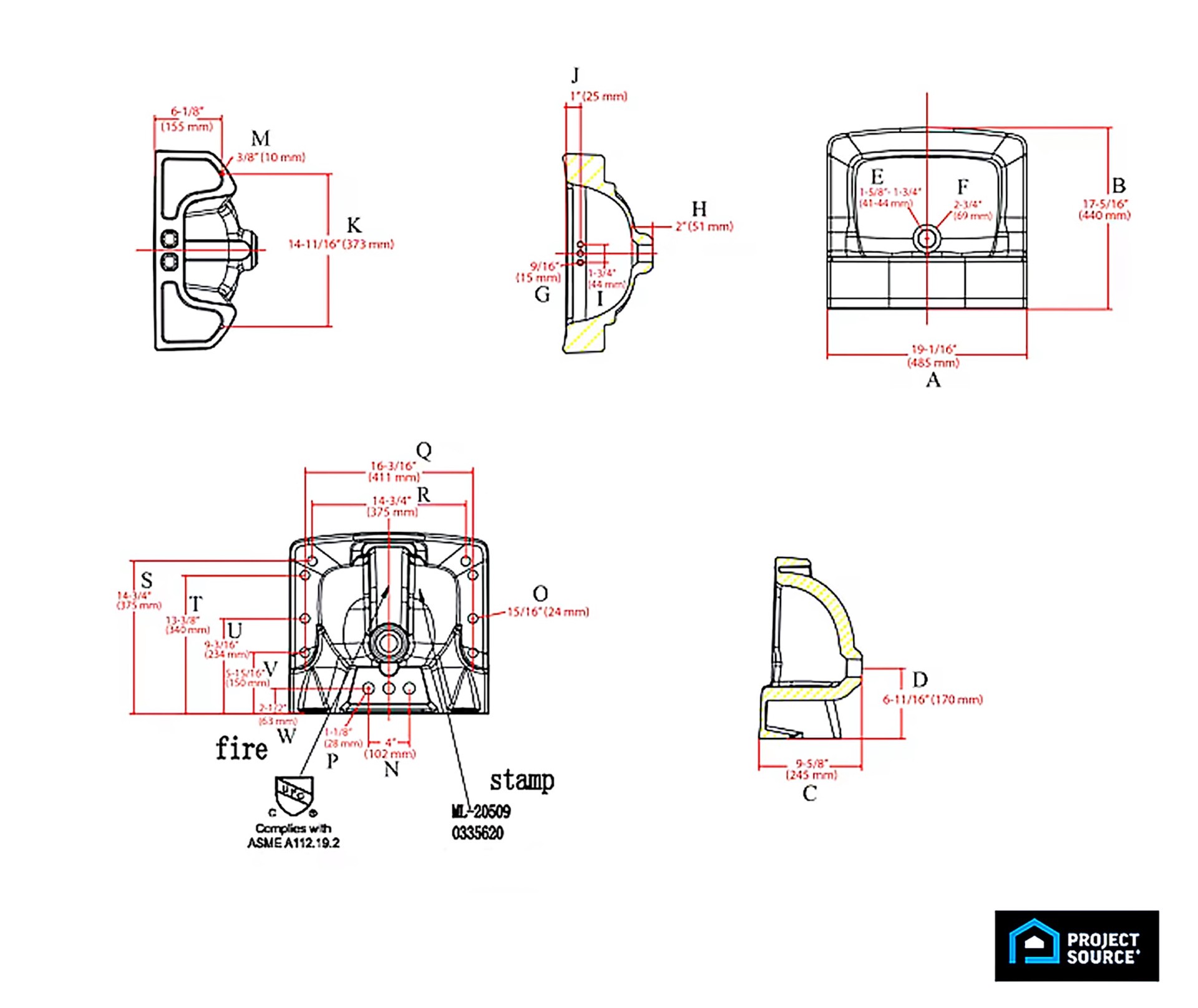 slide 4 of 6, Project Source Riverstone Vitreous China 17.32-in Wall-mount Square Traditional White Bathroom Sink, 1 ct