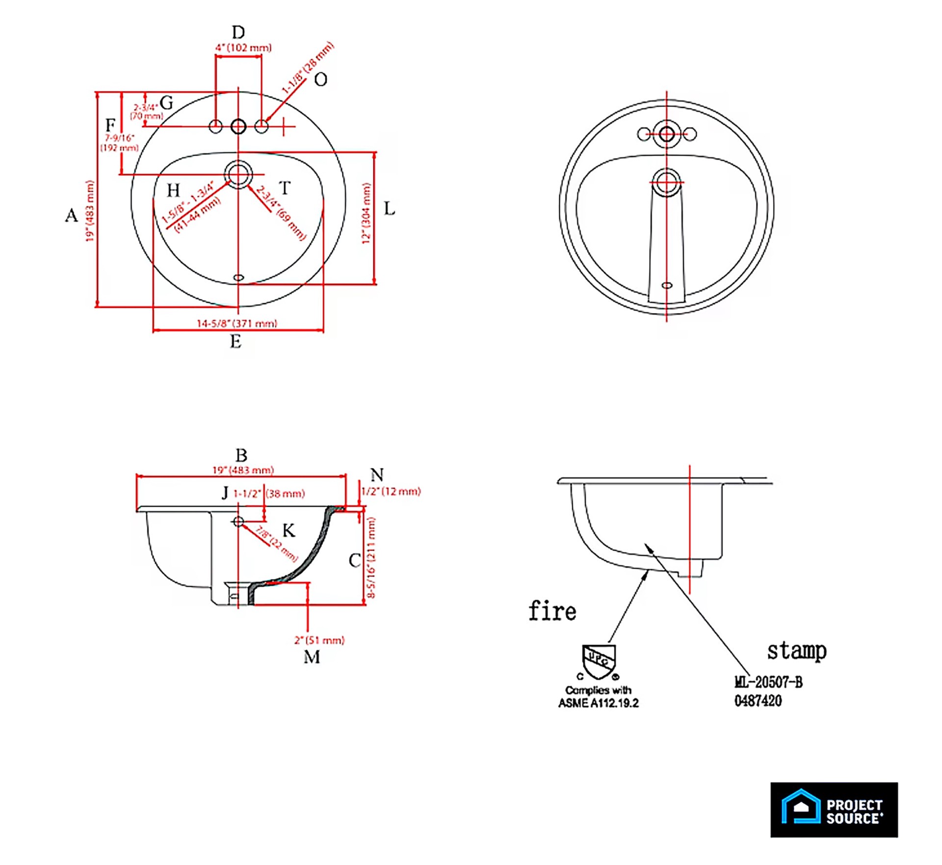 slide 4 of 6, Project Source Colter Vitreous China 19-in Drop-in Round Traditional Biscuit Bathroom Sink, 1 ct