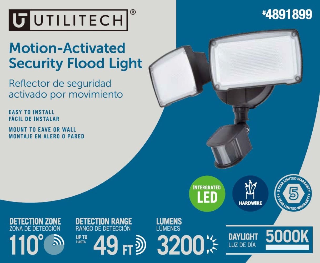 slide 5 of 6, Utilitech 110 -Degree 150 -Wattage Equivalent Hardwired LED Bronze 2 -Head Motion-Activated Flood Light with Timer 3200 -Lumen, 1 ct