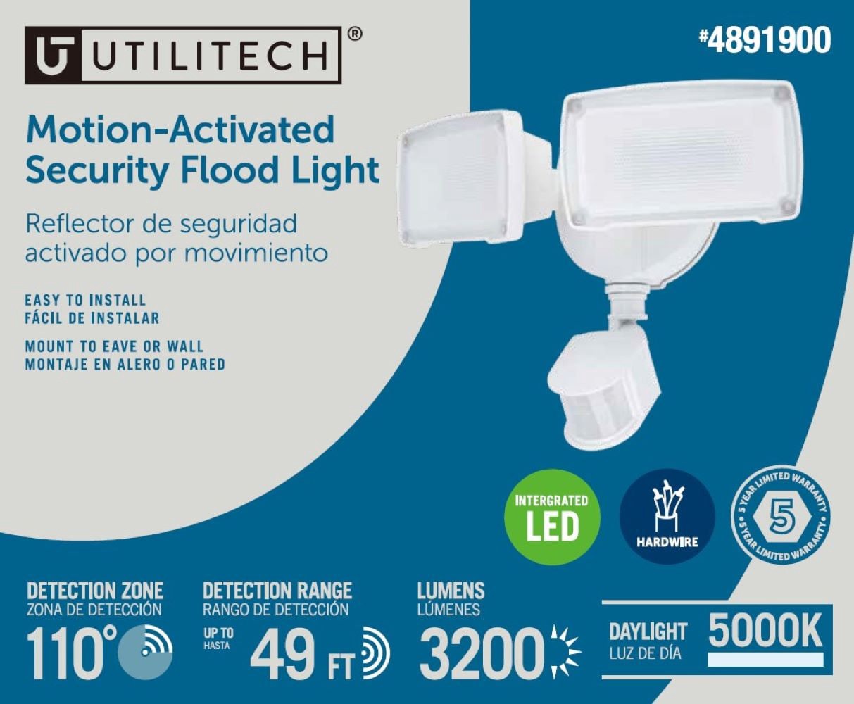 slide 5 of 6, Utilitech 110 -Degree 150 -Wattage Equivalent Hardwired LED White 2 -Head Motion-Activated Flood Light with Timer, 1 ct