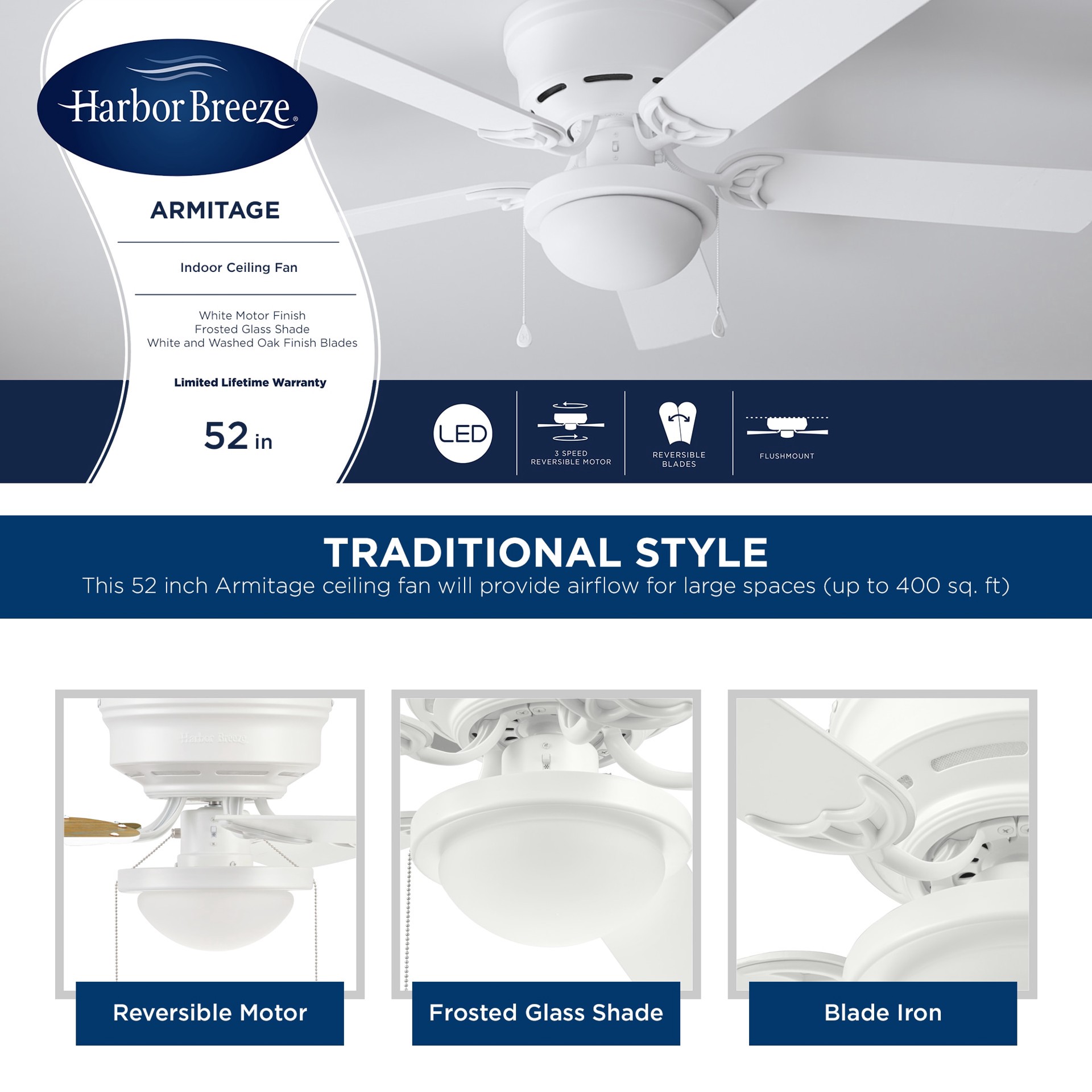 slide 5 of 6, Harbor Breeze Armitage 52-in White with White/washed oak Blades Flush Mount Ceiling Fan With Light 5 -Blade, 1 ct