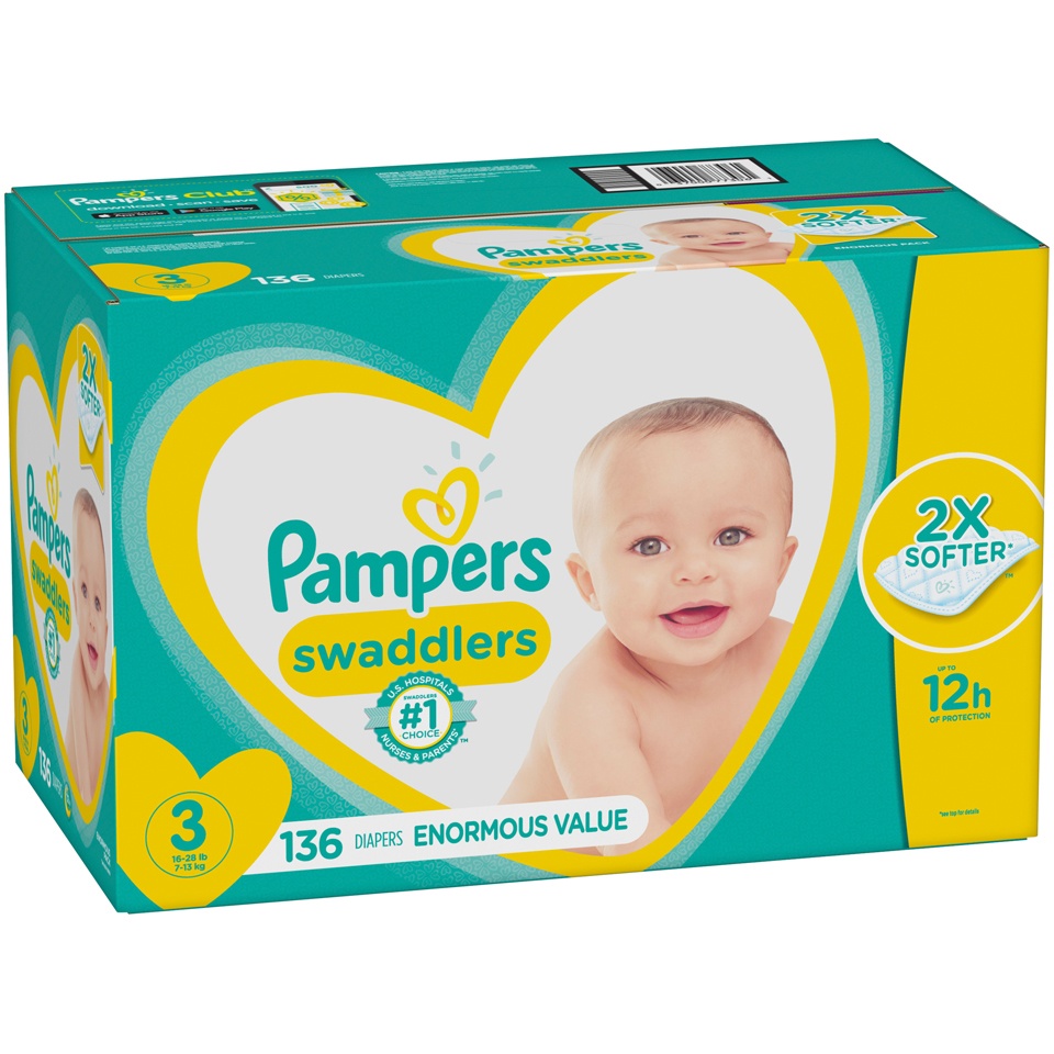 slide 3 of 3, Pampers Swaddlers Diapers, Size 3 (16-28 lbs), 136 Count, Ultra Absorbent Disposable Baby Diaper, 136 ct