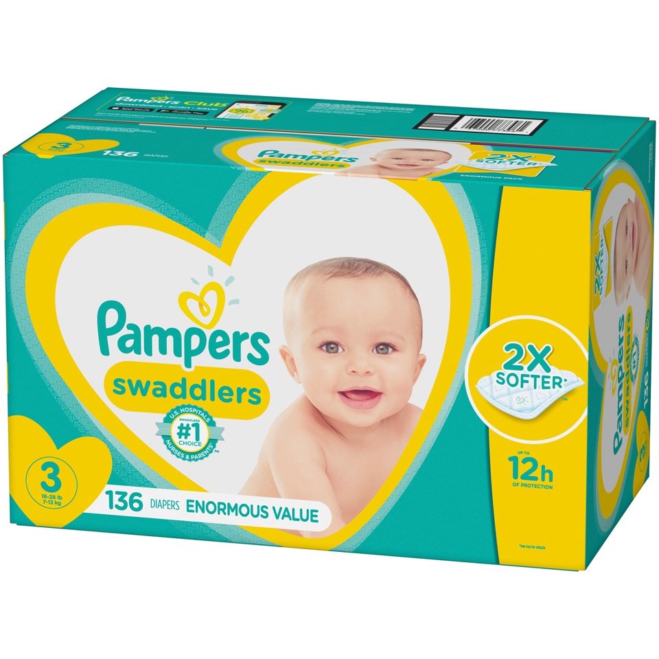 slide 2 of 3, Pampers Swaddlers Diapers, Size 3 (16-28 lbs), 136 Count, Ultra Absorbent Disposable Baby Diaper, 136 ct