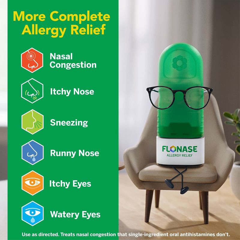 slide 5 of 14, Flonase Allergy Relief Fluticasone Nasal Spray, 24 Hour Non Drowsy Allergy Medicine, Metered Nasal Spray - 144 Sprays/2pk, 1.24 fl oz