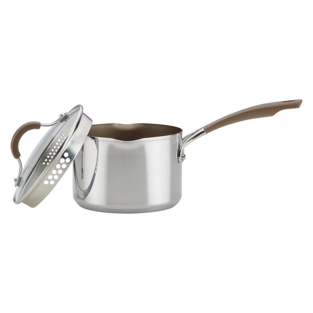 slide 7 of 7, Circulon Innovatum Stainless Steel Nonstick Covered Straining Saucepan with Pour Spouts Taupe, 2 qt