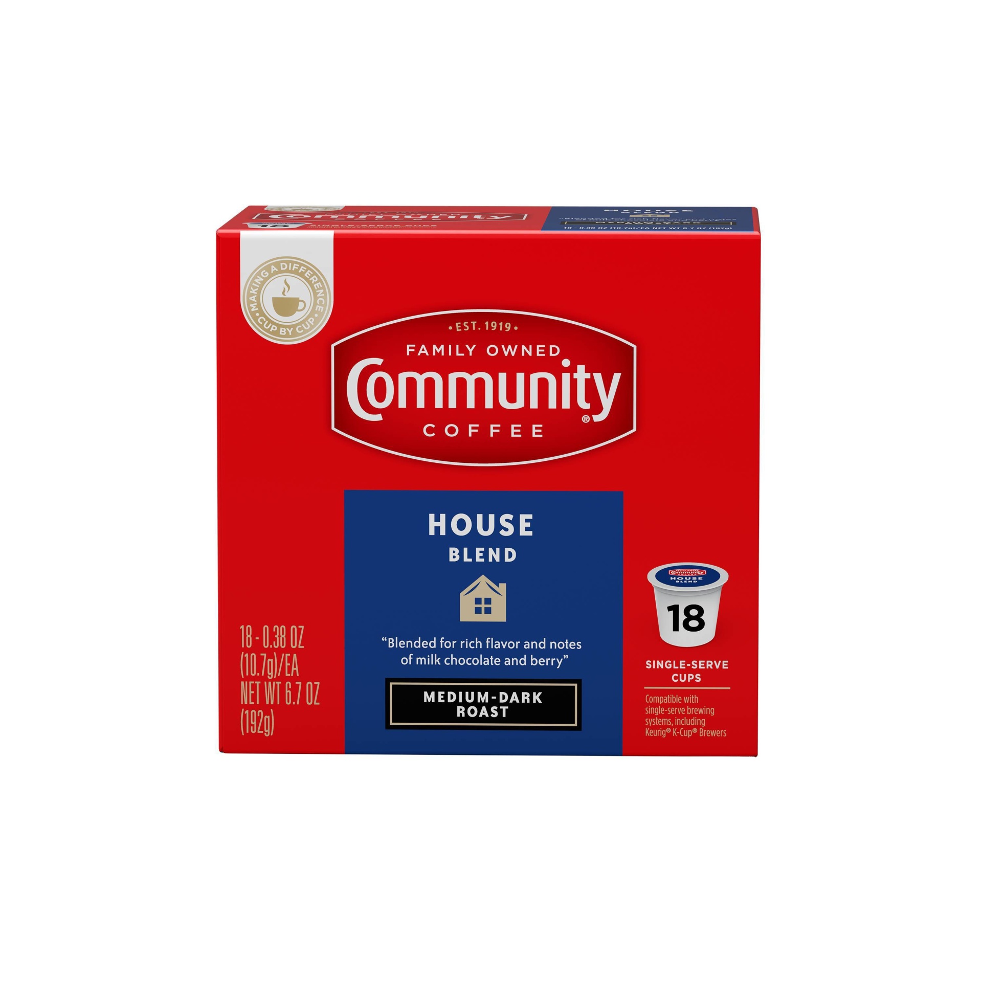 slide 1 of 1, Community Coffee House Blend Medium Dark Roast Coffee Cup Pods, 18 ct