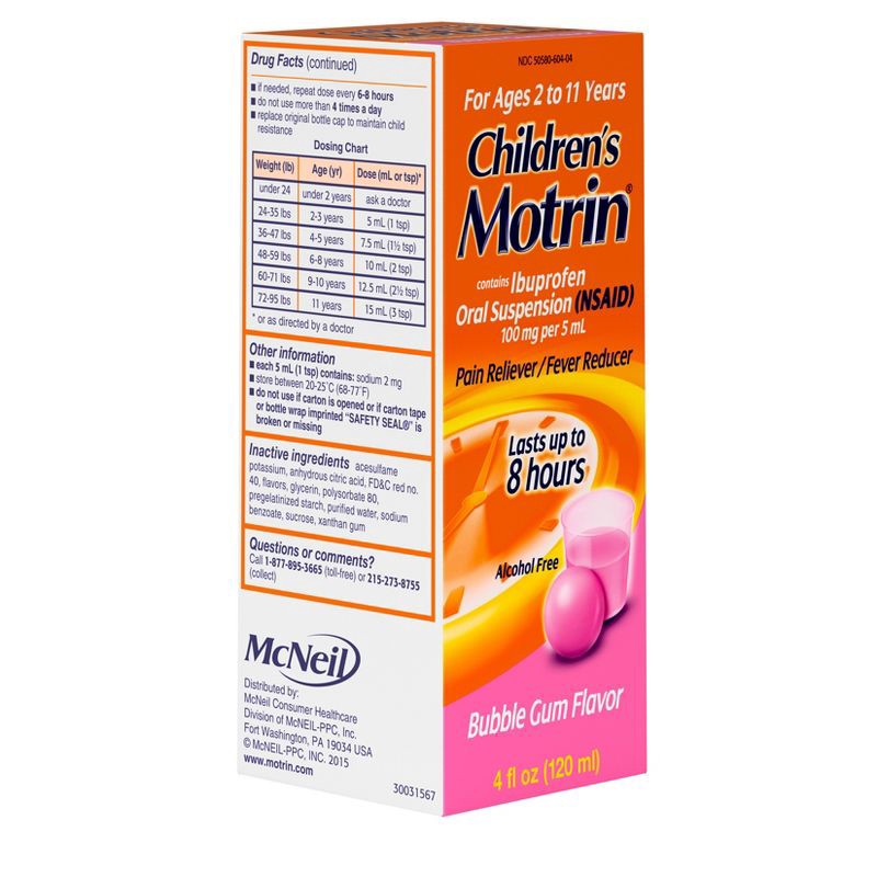 slide 2 of 8, Children's Motrin Pain Reliever/Fever Reducer Liquid - Ibuprofen (NSAID) - Bubble Gum - 4 fl oz, 4 fl oz