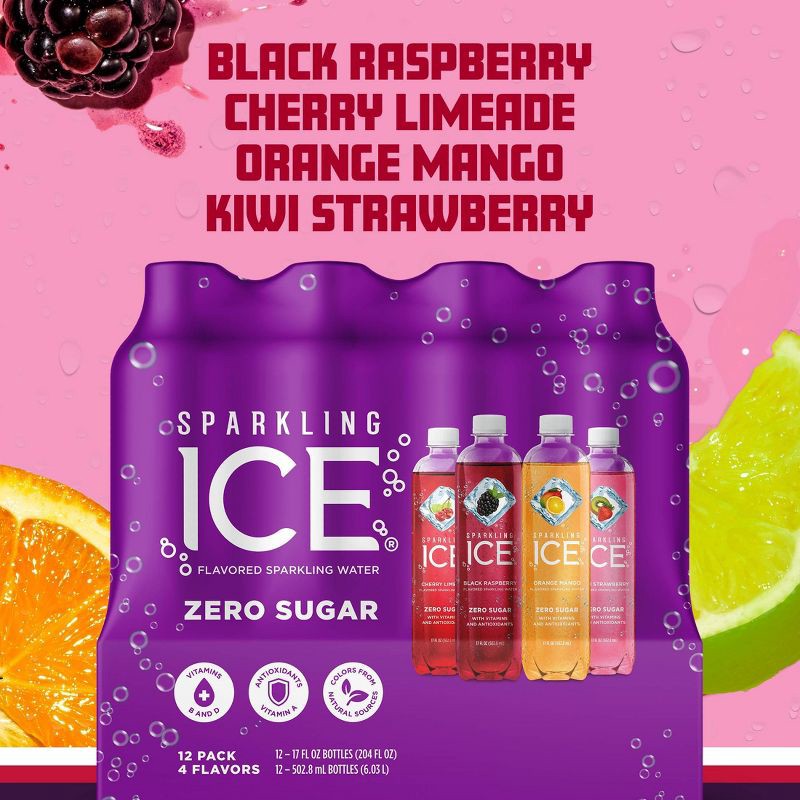 slide 2 of 10, Sparkling ICE Variety Pack-Black Raspberry/Orange Mango/Kiwi Strawberry/Cherry Limeade - 12pk/17 fl oz Bottles, 12 ct; 17 fl oz