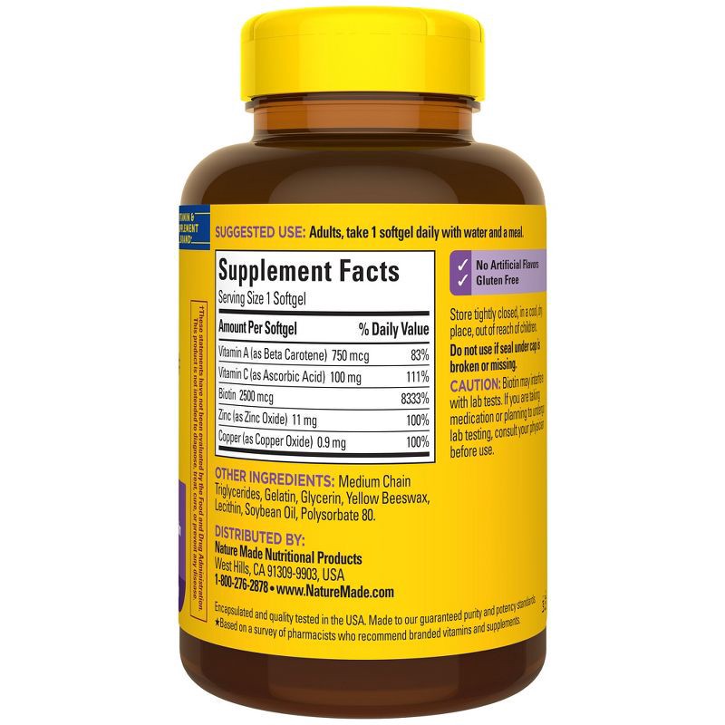 slide 2 of 10, Nature Made Hair - Skin & Nails with 2500 mcg of Biotin Softgels - 120ct, 120 ct