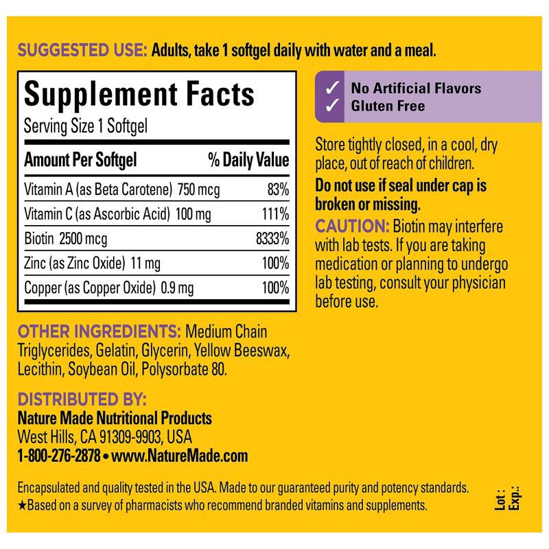 slide 3 of 10, Nature Made Hair - Skin & Nails with 2500 mcg of Biotin Softgels - 120ct, 120 ct