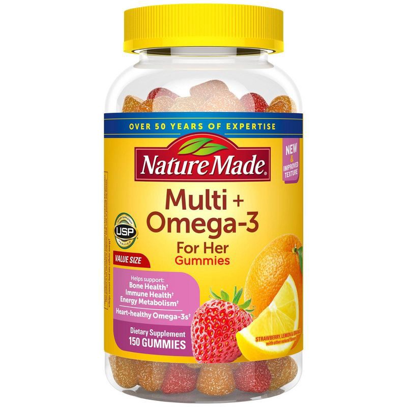 slide 2 of 11, Nature Made Women Multi Plus Omega 3 Women Multivitamin Gummies - Lemon, Orange & Strawberry - 150ct, 150 ct