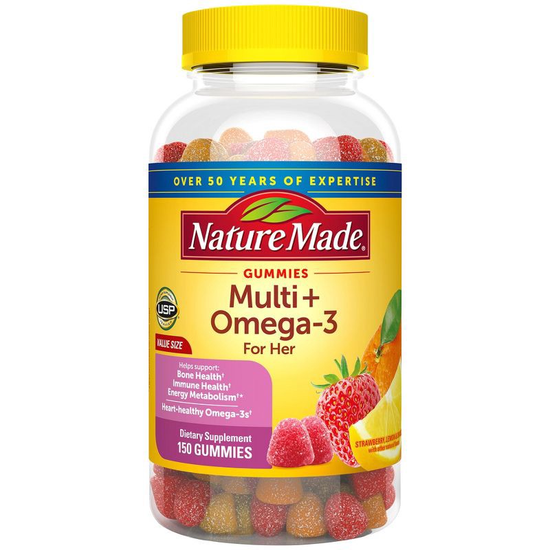 slide 5 of 11, Nature Made Women Multi Plus Omega 3 Women Multivitamin Gummies - Lemon, Orange & Strawberry - 150ct, 150 ct