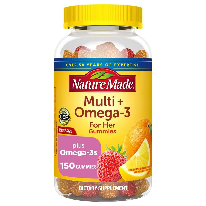 slide 1 of 11, Nature Made Women Multi Plus Omega 3 Women Multivitamin Gummies - Lemon, Orange & Strawberry - 150ct, 150 ct