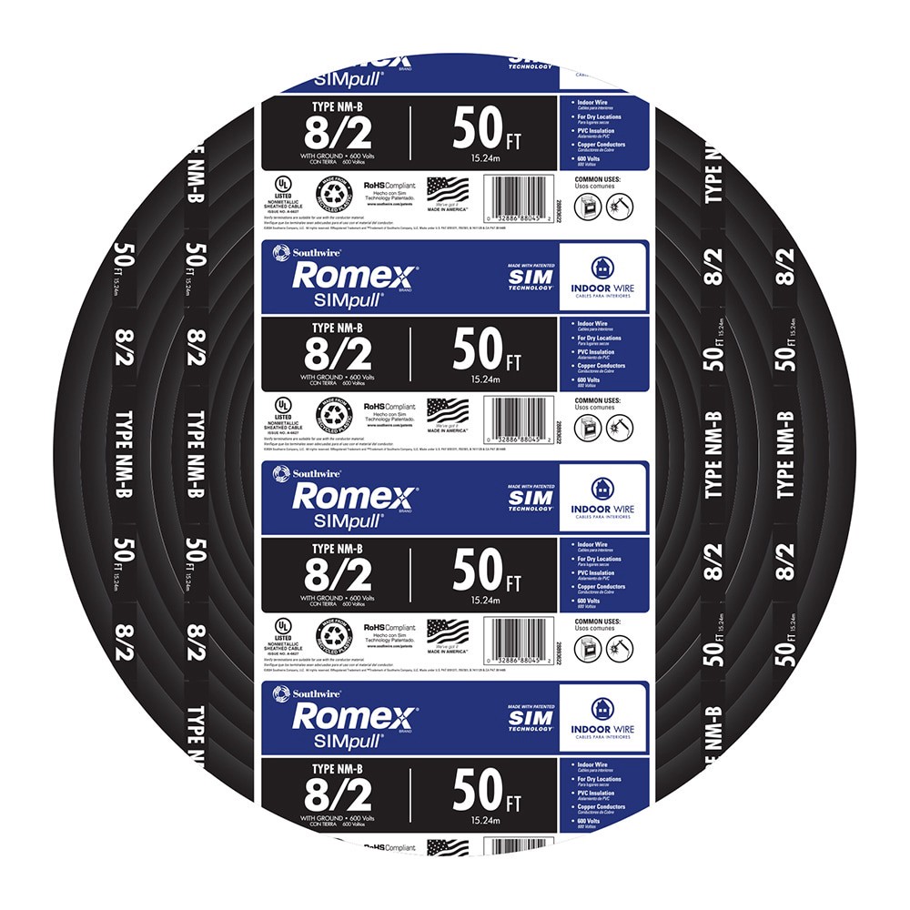 slide 1 of 6, Southwire 50-ft 8 / 2 / Romex SIMpull Stranded Indoor CU NM-B W/G Individual pack ( By-the-roll ), 1 ct
