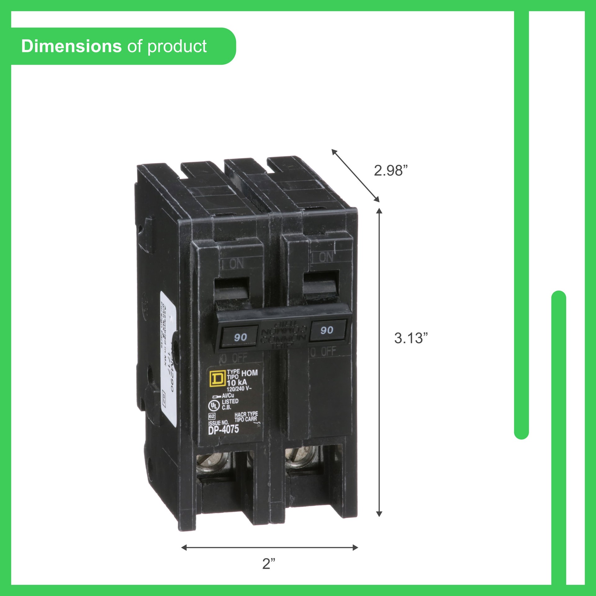 slide 3 of 4, Square D Homeline 90-amp 2 -Pole Standard trip Circuit Breaker, 1 ct