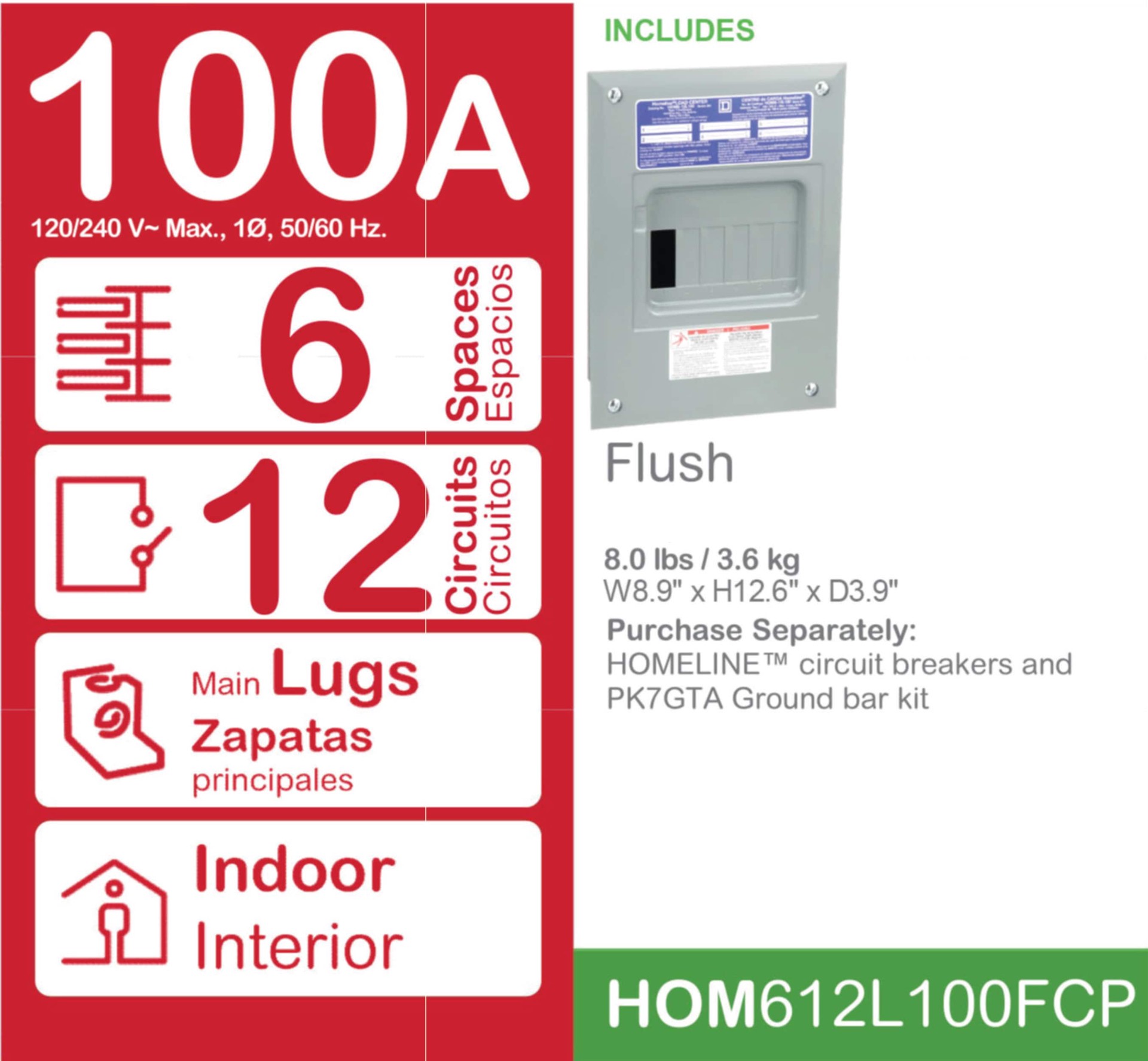 slide 4 of 6, Square D Homeline 100 -Amp 6 -Spaces 12 -Circuit Indoor Convertible Main Lug Load Center, 1 ct