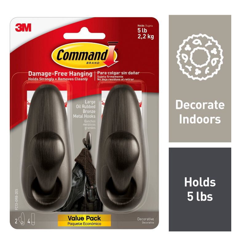 slide 2 of 15, Command Large Forever Classic Hooks Oil Rubbed Bronze: Decorative Wall Hooks, Metal, Painted Finish, 5 lb Capacity, 2 Pack, 5 lb, 2 ct